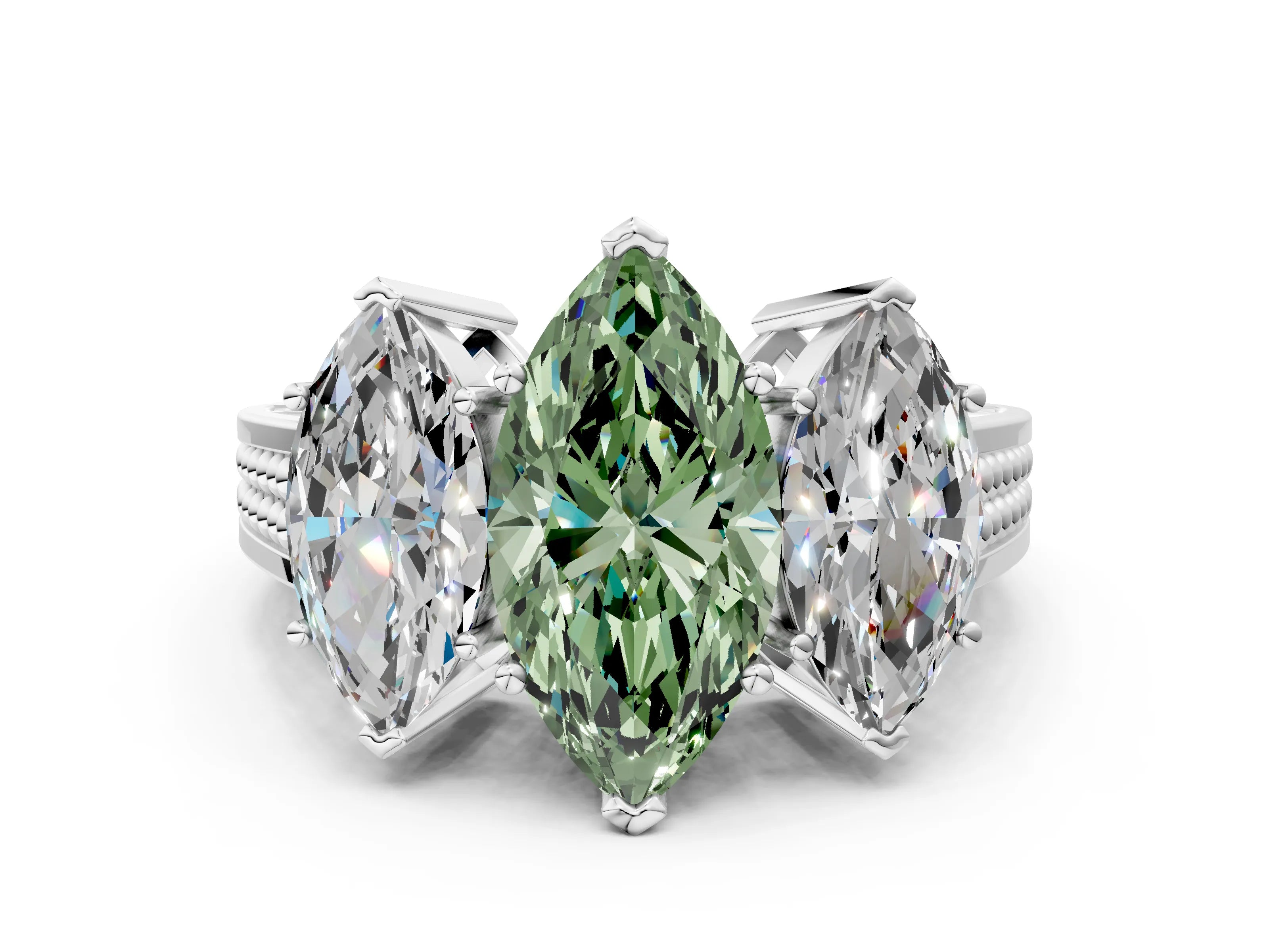 White gold Fancy Green Marquise Cut Diamond Three-Stone Ring with Prong Setting and Textured Band_36