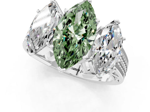 White gold Fancy Green Marquise Cut Diamond Three-Stone Ring with Prong Setting and Textured Band_37