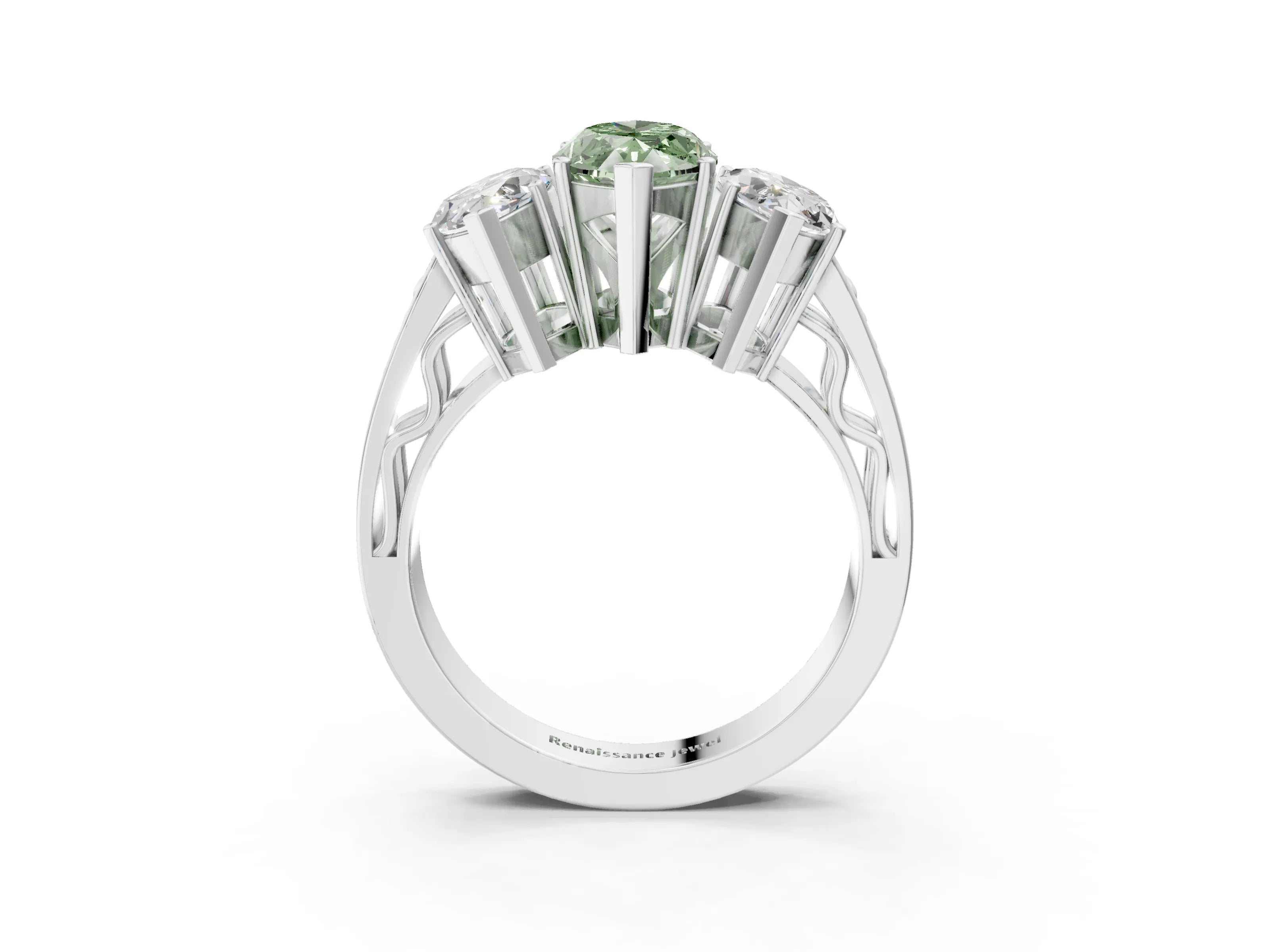 White gold Fancy Green Marquise Cut Diamond Three-Stone Ring with Prong Setting and Textured Band_39