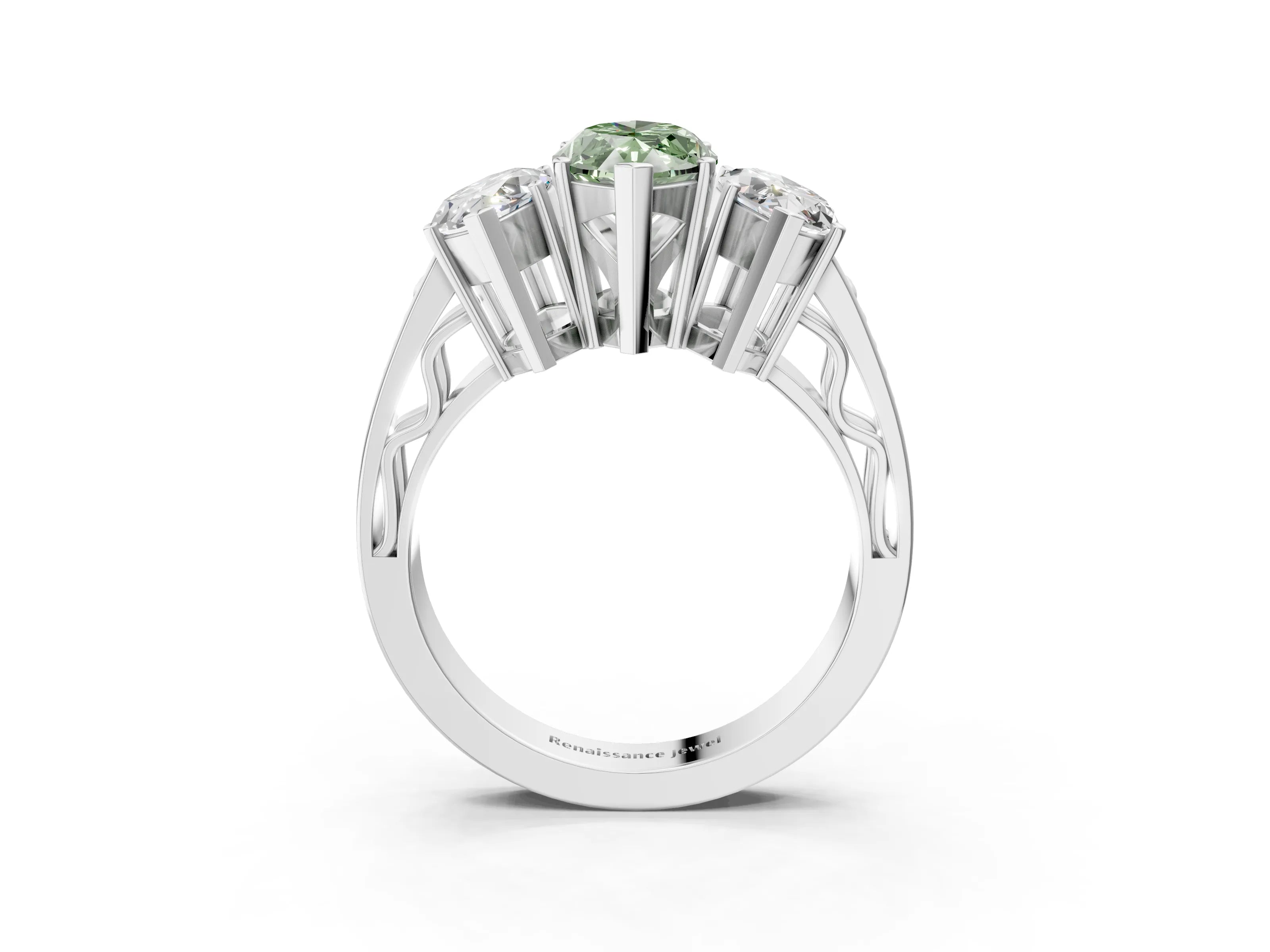 White gold Fancy Green Marquise Cut Diamond Three-Stone Ring with Prong Setting and Textured Band_3