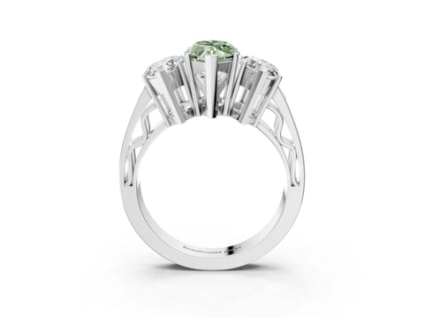 White gold Fancy Green Marquise Cut Diamond Three-Stone Ring with Prong Setting and Textured Band_3