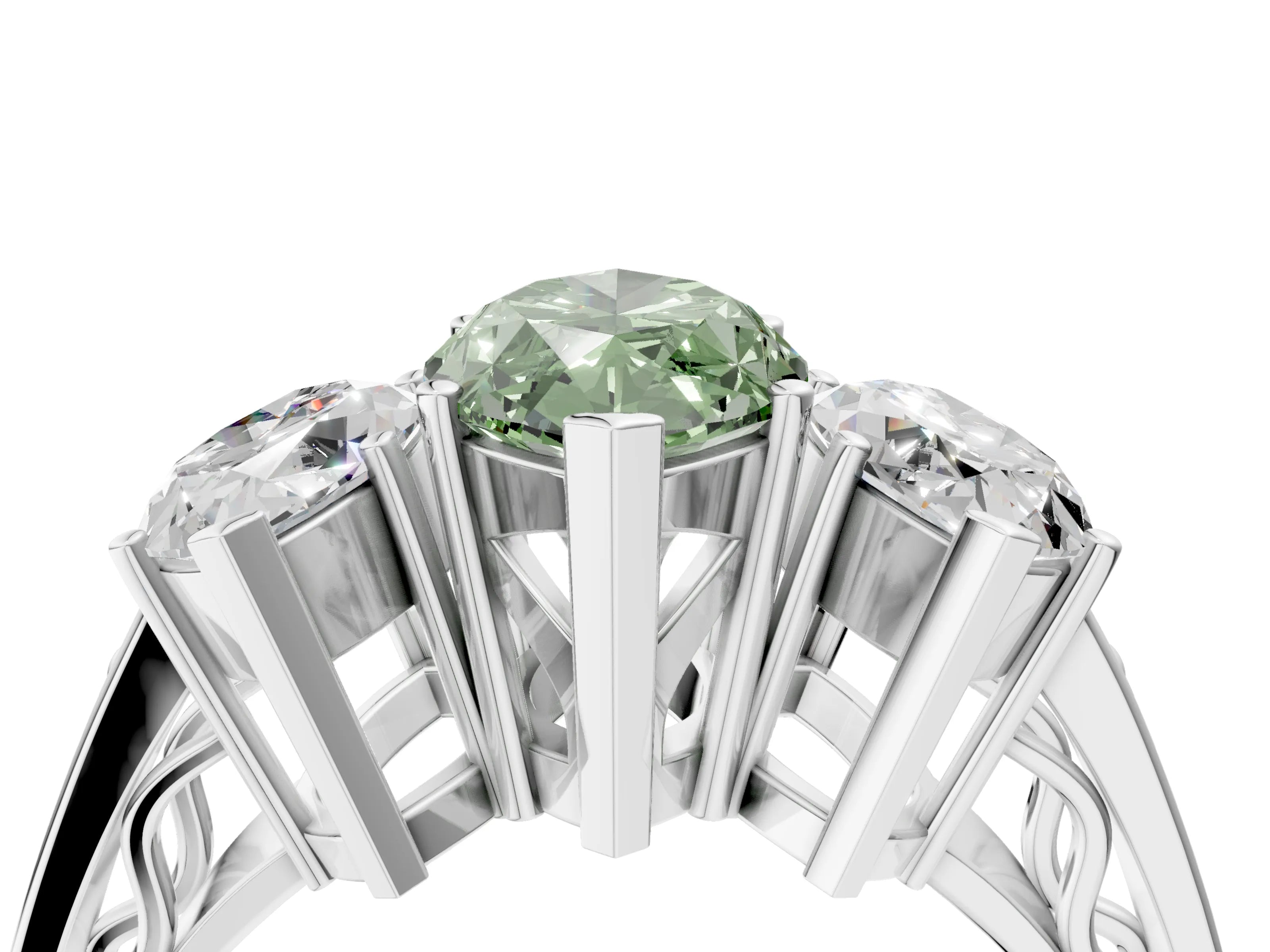 White gold Fancy Green Marquise Cut Diamond Three-Stone Ring with Prong Setting and Textured Band_40