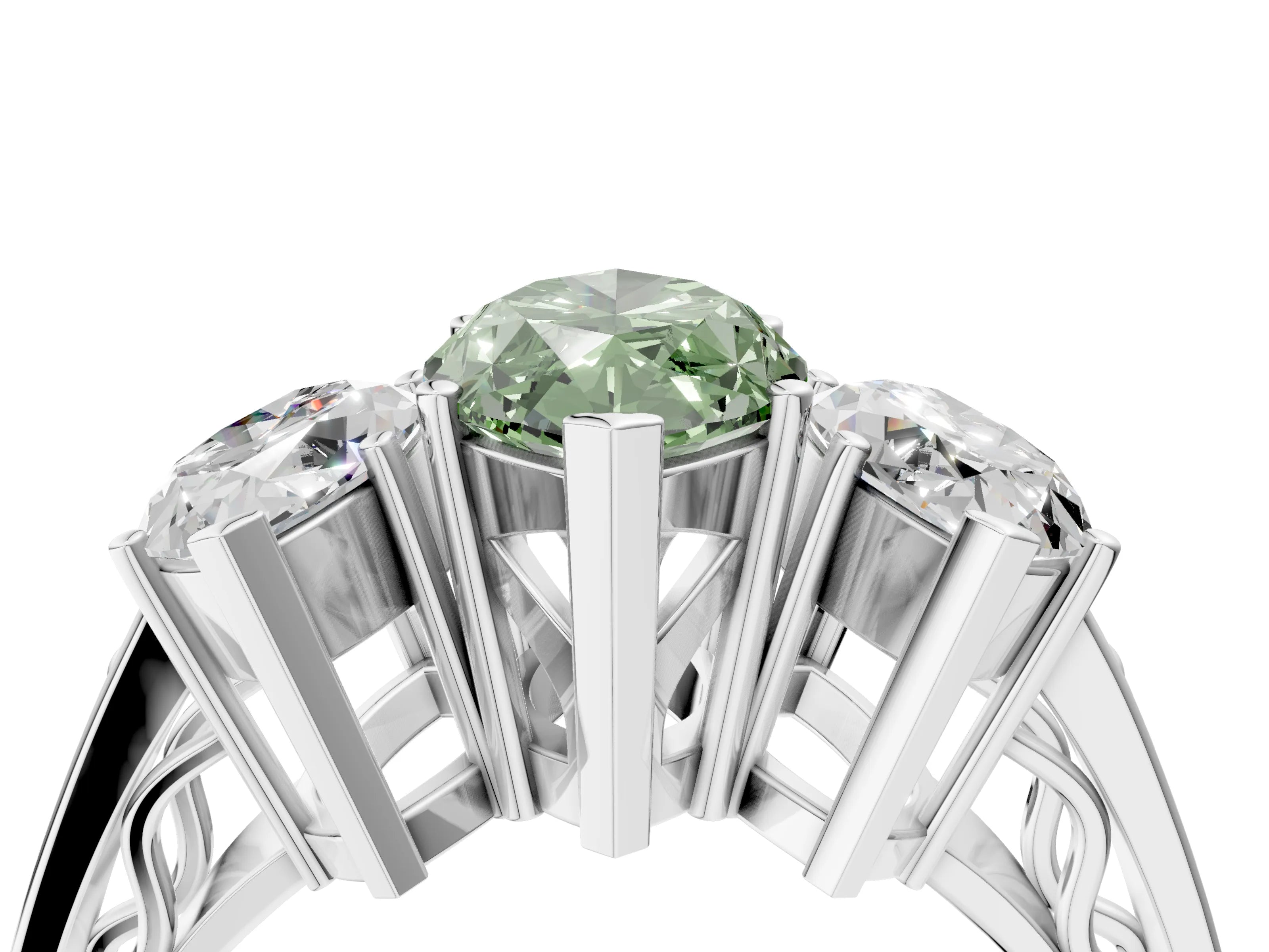 White gold Fancy Green Marquise Cut Diamond Three-Stone Ring with Prong Setting and Textured Band_4