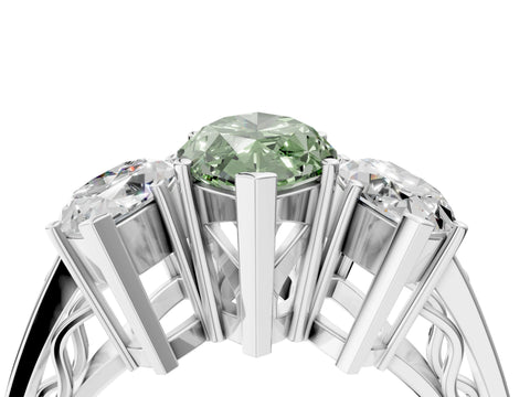 White gold Fancy Green Marquise Cut Diamond Three-Stone Ring with Prong Setting and Textured Band_4