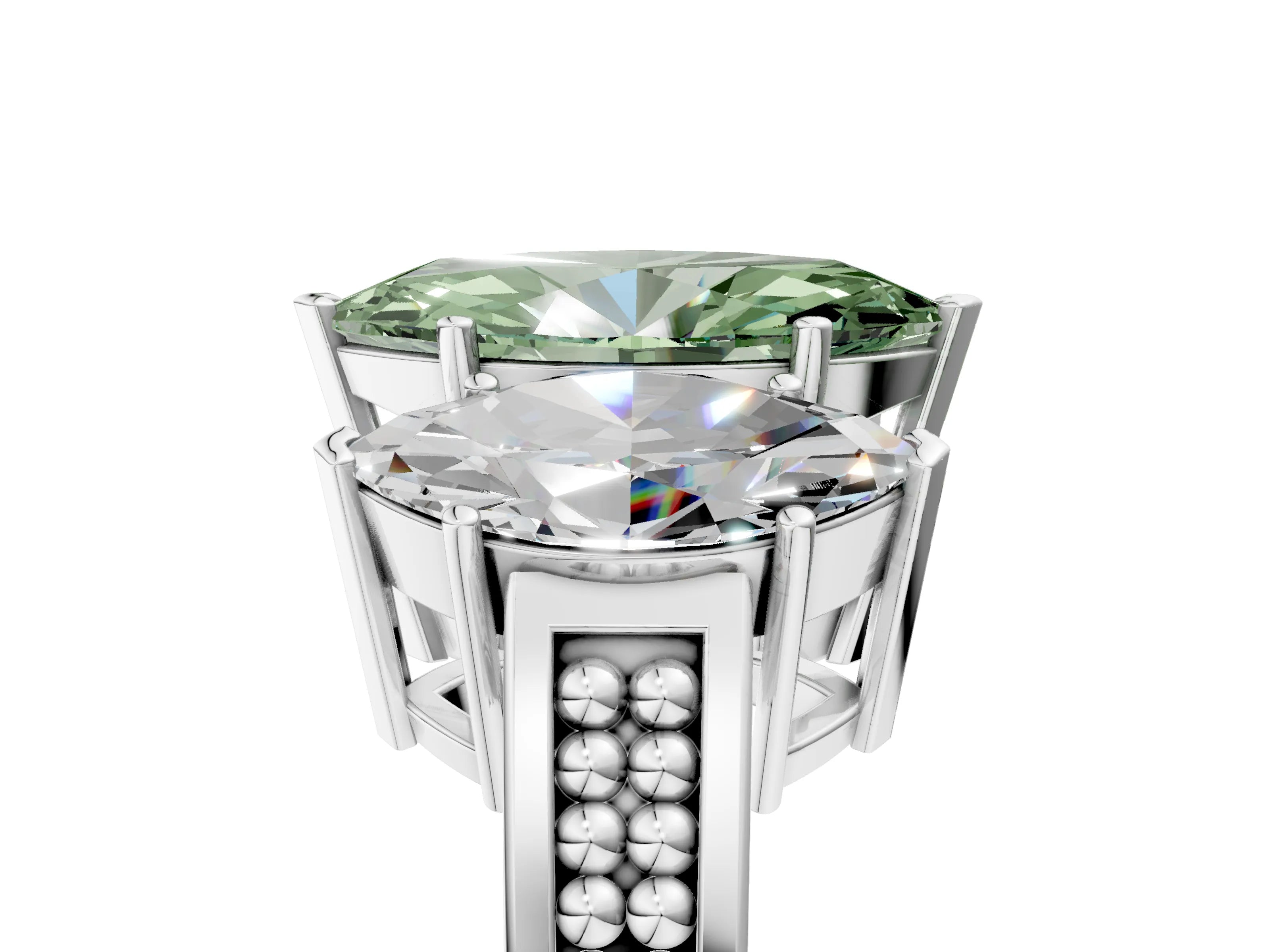 White gold Fancy Green Marquise Cut Diamond Three-Stone Ring with Prong Setting and Textured Band_5