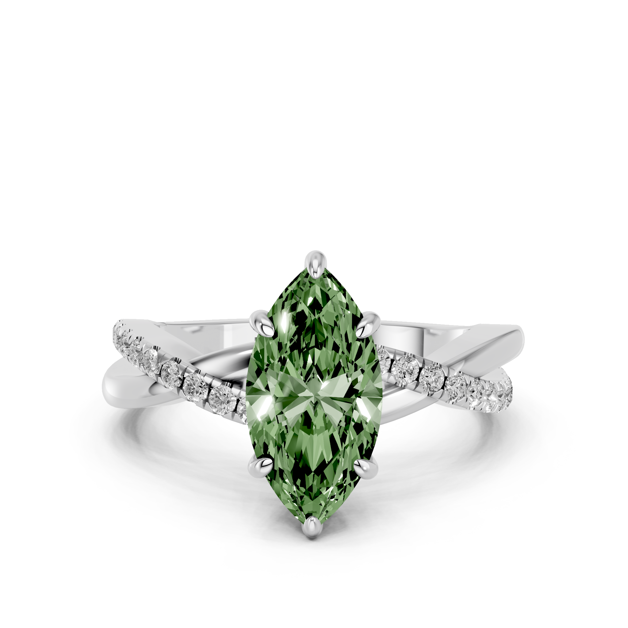 White gold Fancy Green Marquise  Cut Diamond Twist Band Solitaire with Prong Setting_11