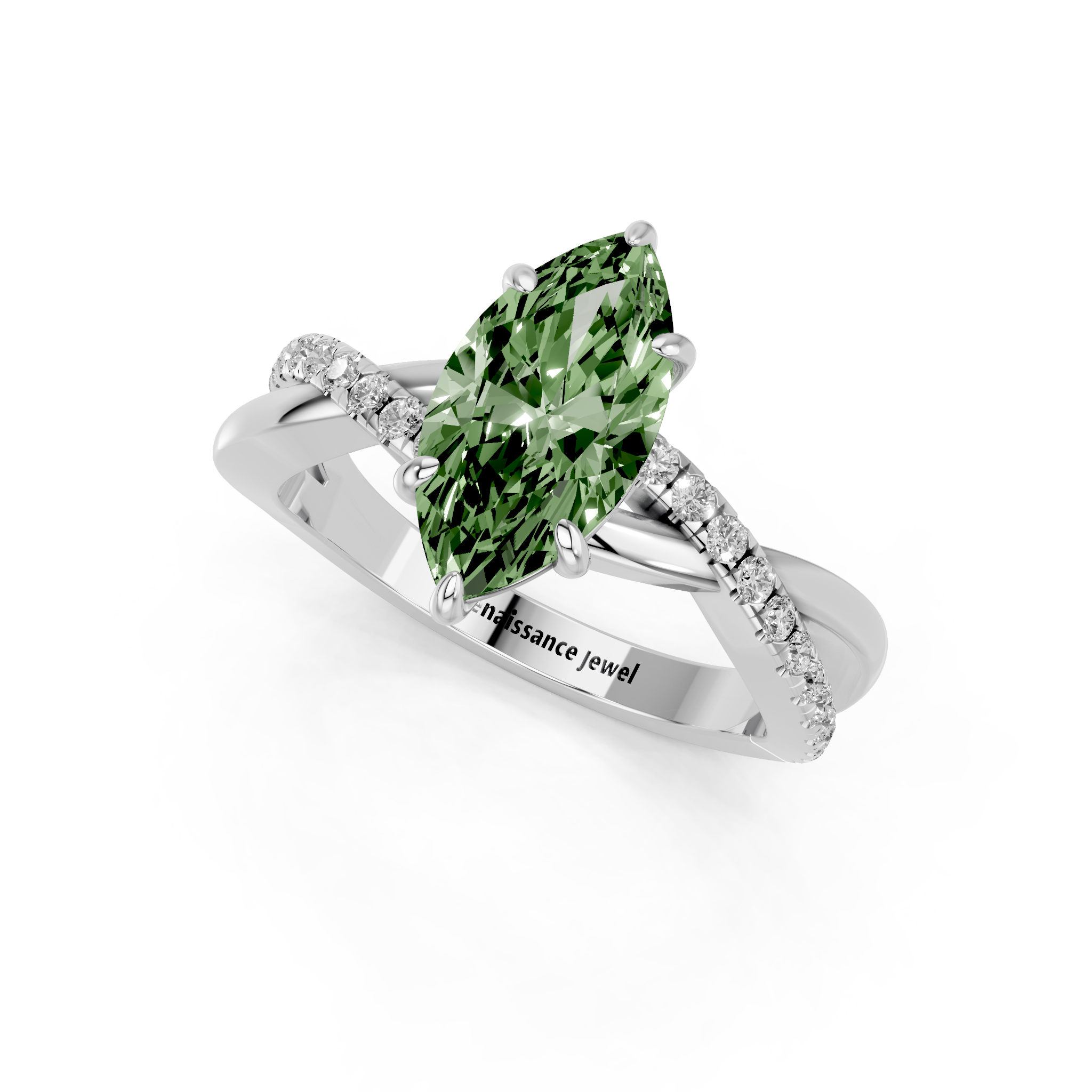 White gold Fancy Green Marquise  Cut Diamond Twist Band Solitaire with Prong Setting_3