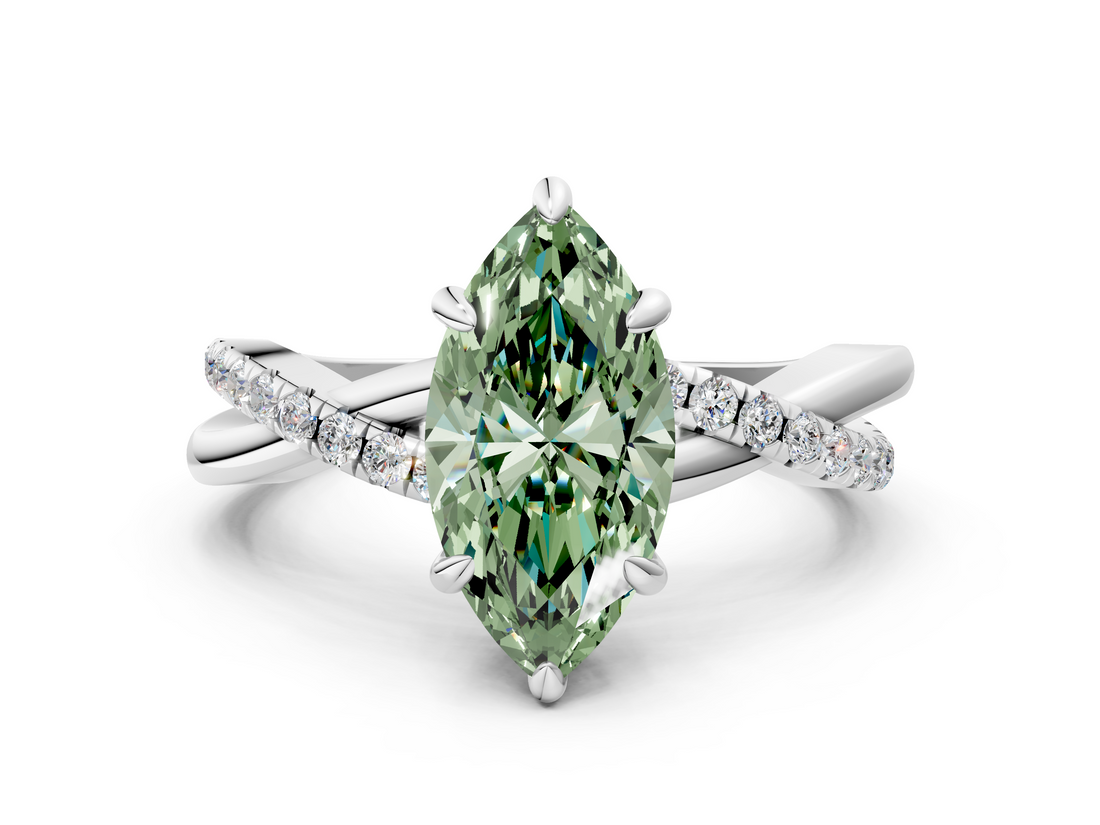 White gold Fancy Green Marquise  Cut Diamond Twist Band Solitaire with Prong Setting_55