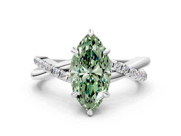 White gold Fancy Green Marquise  Cut Diamond Twist Band Solitaire with Prong Setting