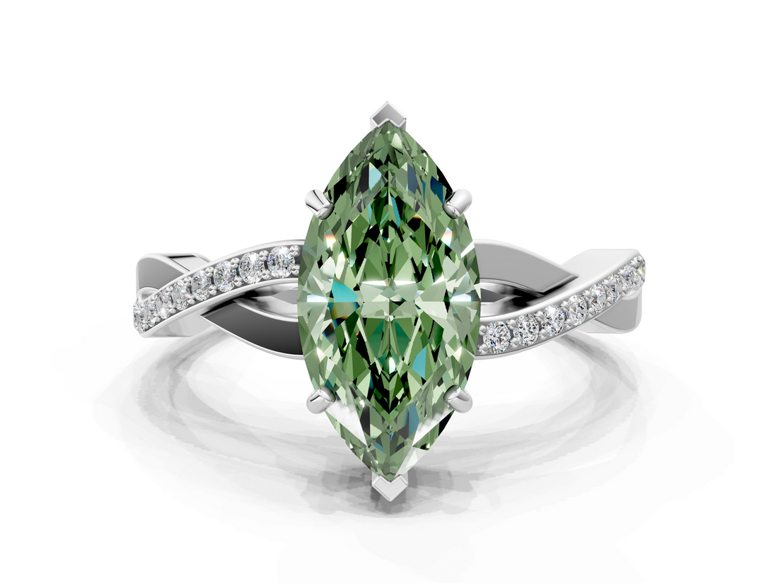 White gold Fancy Green Marquise  Cut Diamond Twisted Band Engagement Ring with Prong Setting_3