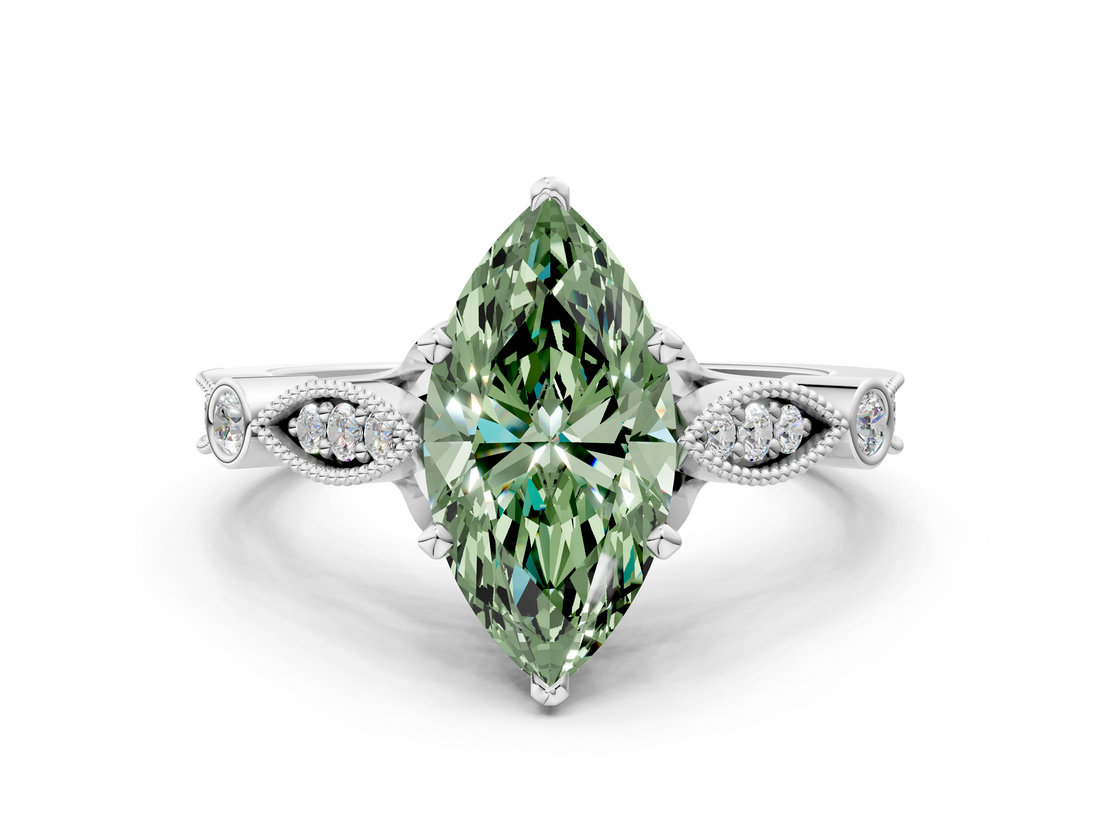 White gold Fancy Green Marquise  Cut Diamond with Milgrain Marquise and Bezel Accents on a Solitaire Band with Prong Setting_207