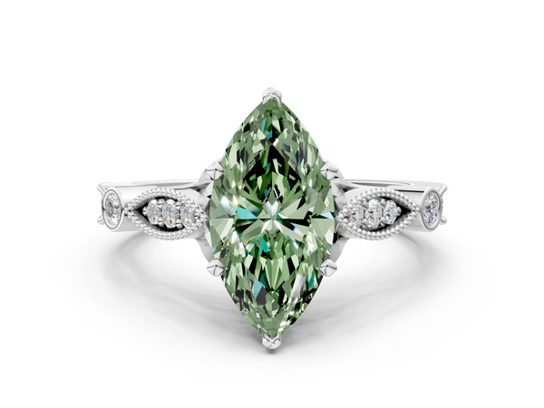 Platinum Fancy Green Marquise  Cut Diamond with Milgrain Marquise and Bezel Accents on a Solitaire Band with Prong Setting