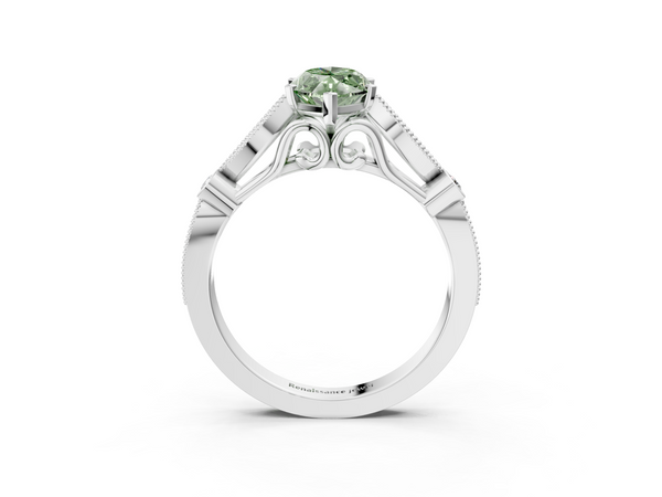 Platinum Fancy Green Marquise  Cut Diamond with Milgrain Marquise and Bezel Accents on a Solitaire Band with Prong Setting