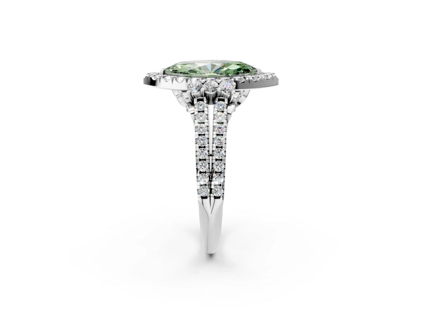 Platinum Fancy Green Marquise  Cut Double Halo Diamond Engagement Ring with Pave Band and Four-Prong Setting