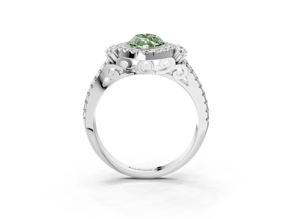 Platinum Fancy Green Marquise  Cut Double Halo Diamond Engagement Ring with Pave Band and Four-Prong Setting