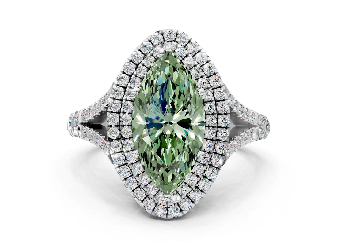 White gold Fancy Green Marquise  Cut Double Halo Split Shank Diamond Ring with Prong Setting_49