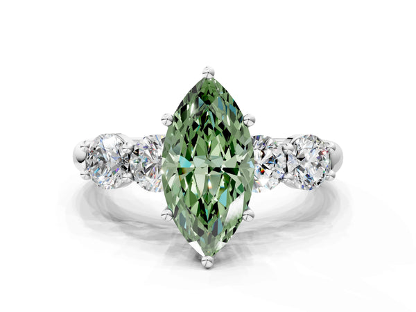 Platinum Fancy Green Marquise  Cut Five-Stone Prong Set Diamond Ring with Classic Band