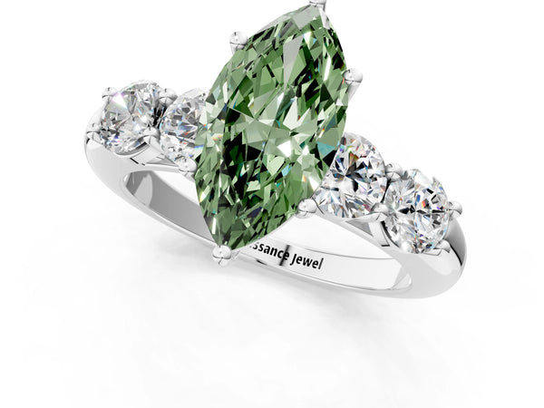 Platinum Fancy Green Marquise  Cut Five-Stone Prong Set Diamond Ring with Classic Band