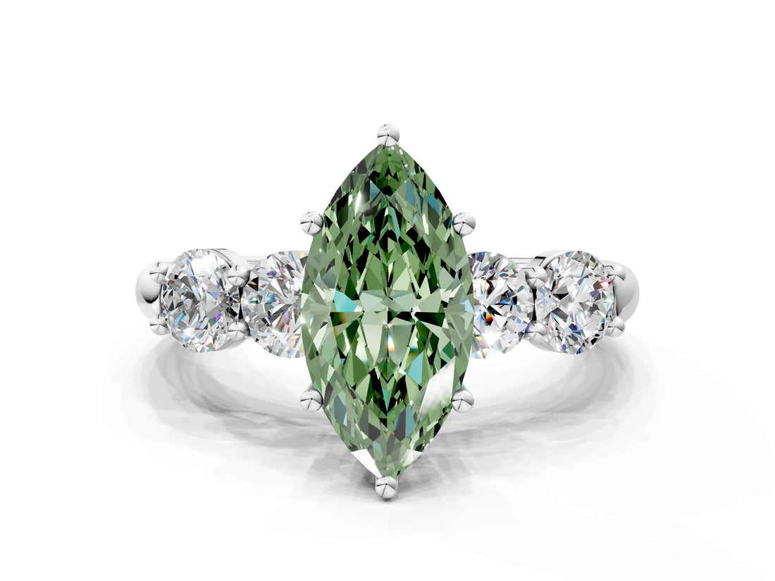 White gold Fancy Green Marquise  Cut Five-Stone Prong Set Diamond Ring with Classic Band_32