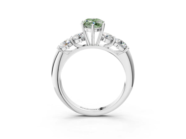 Platinum Fancy Green Marquise  Cut Five-Stone Prong Set Diamond Ring with Classic Band
