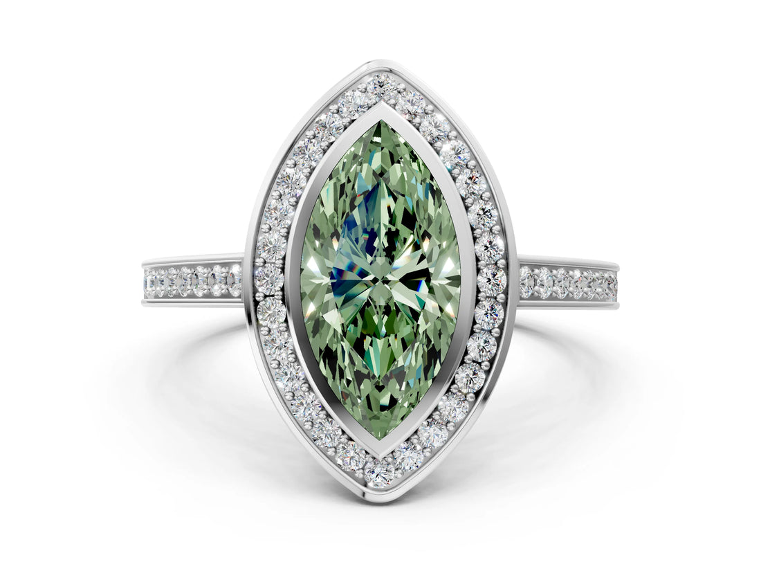 White gold Fancy Green Marquise Cut Halo Bezel Diamond Pave Band Ring