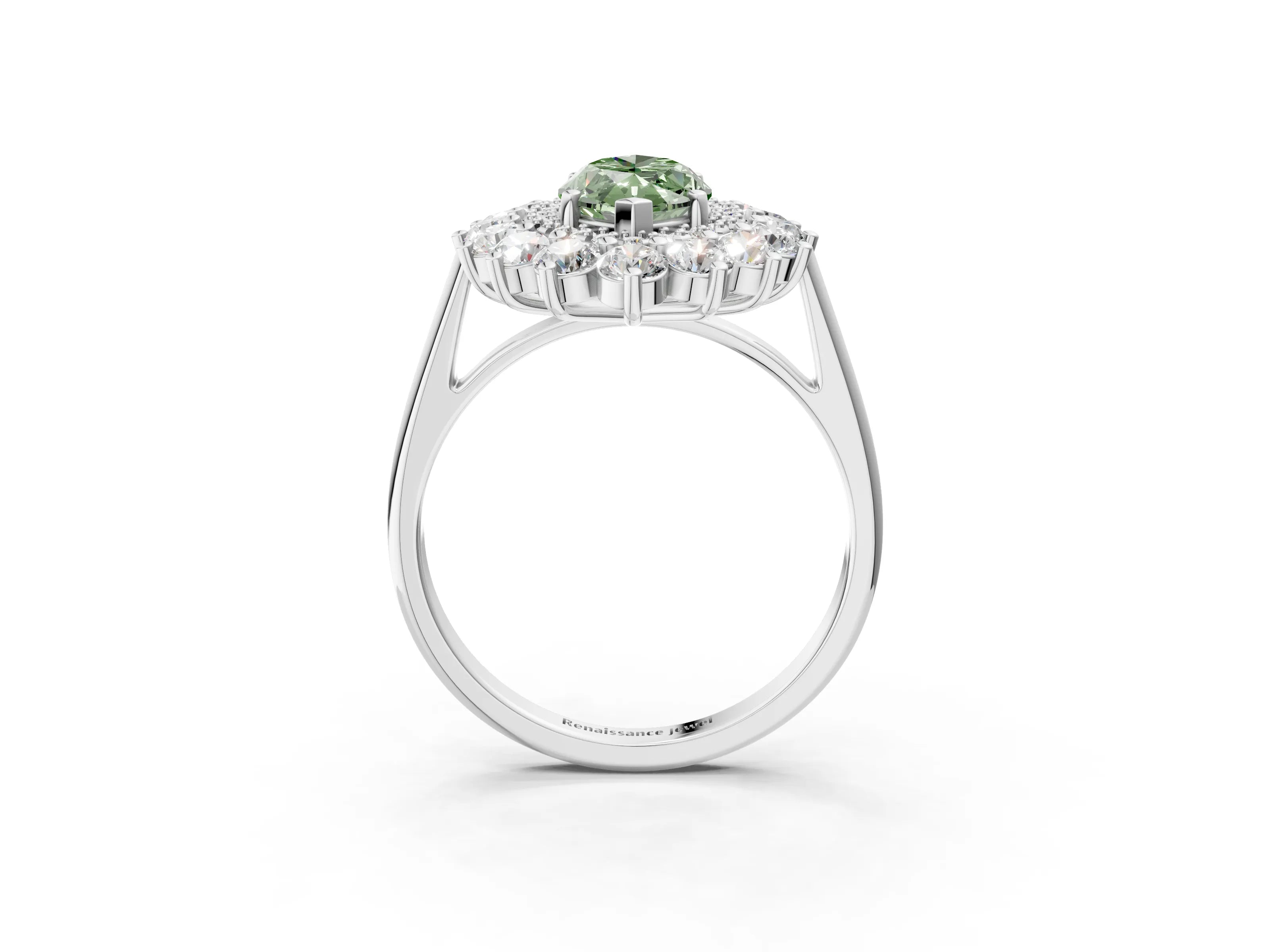 White gold Fancy Green Marquise Cut Halo Cluster Diamond Ring with Pave Band and Four-Prong Setting_15