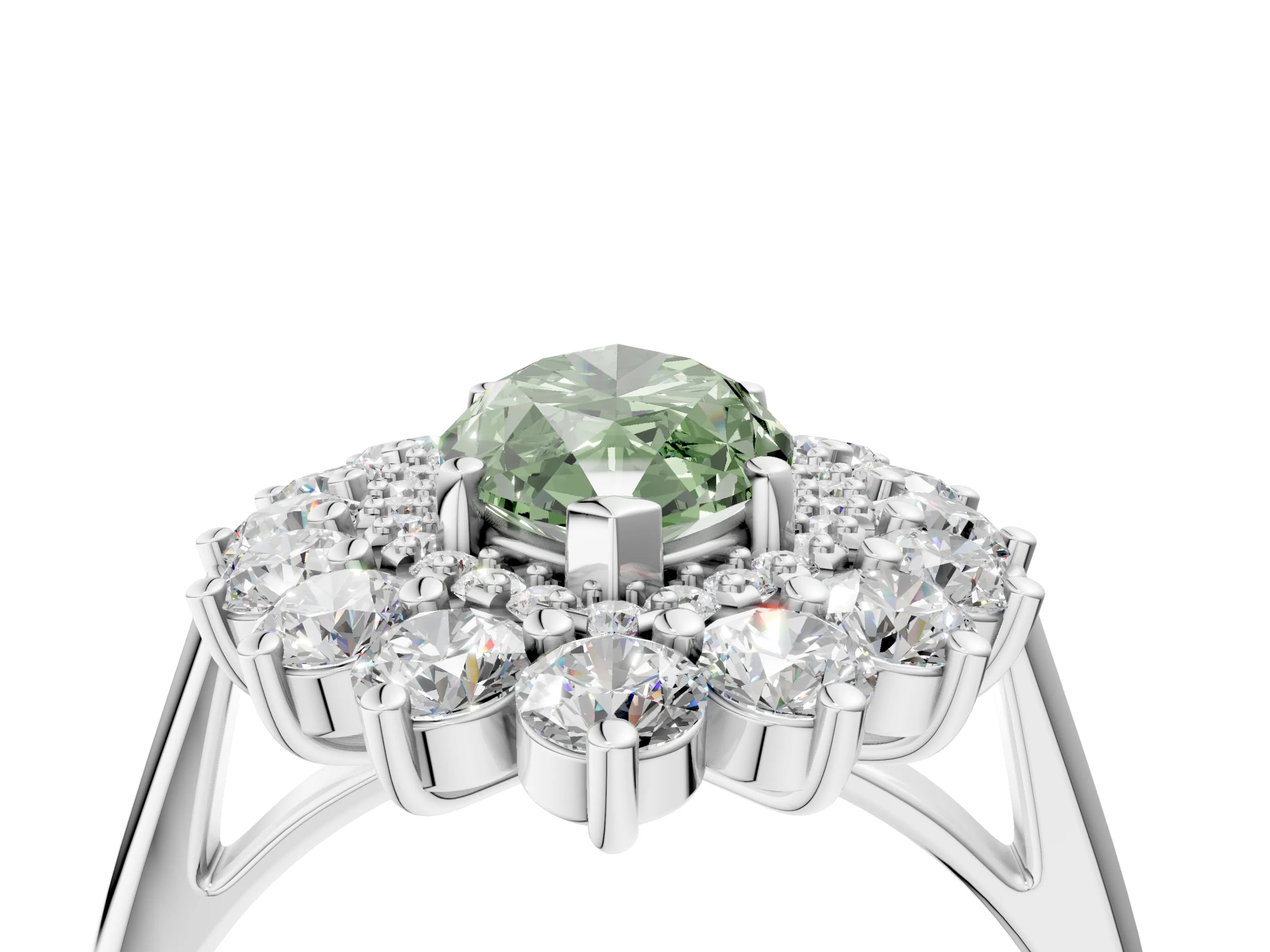 White gold Fancy Green Marquise Cut Halo Cluster Diamond Ring with Pave Band and Four-Prong Setting_16