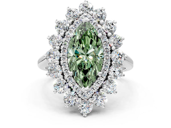 Platinum Fancy Green Marquise Cut Halo Cluster Diamond Ring with Pave Band and Four-Prong Setting