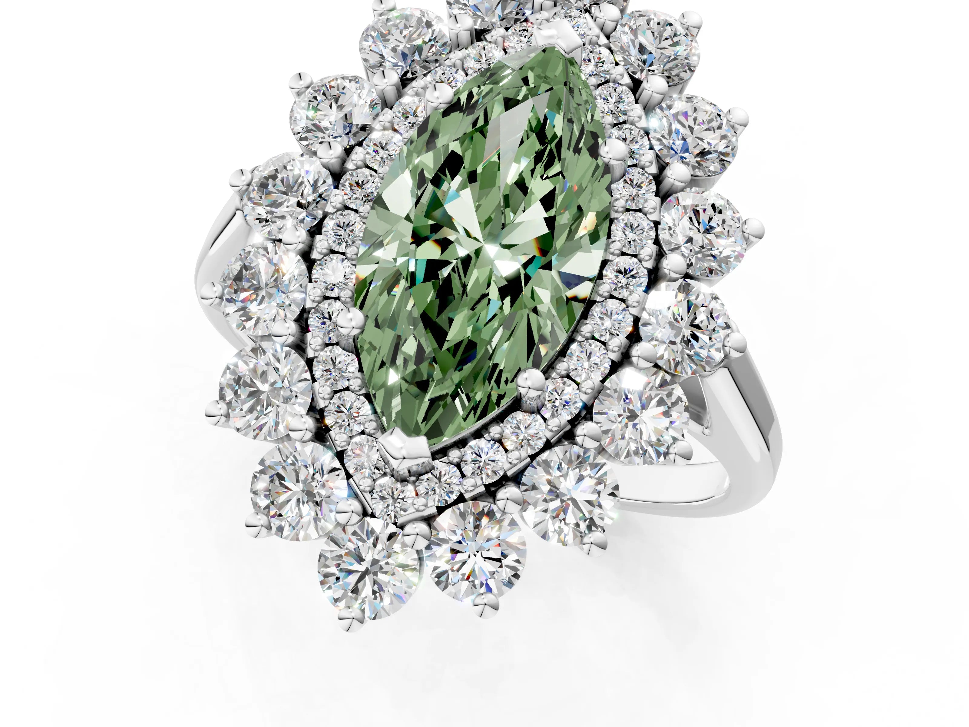 White gold Fancy Green Marquise Cut Halo Cluster Diamond Ring with Pave Band and Four-Prong Setting_1