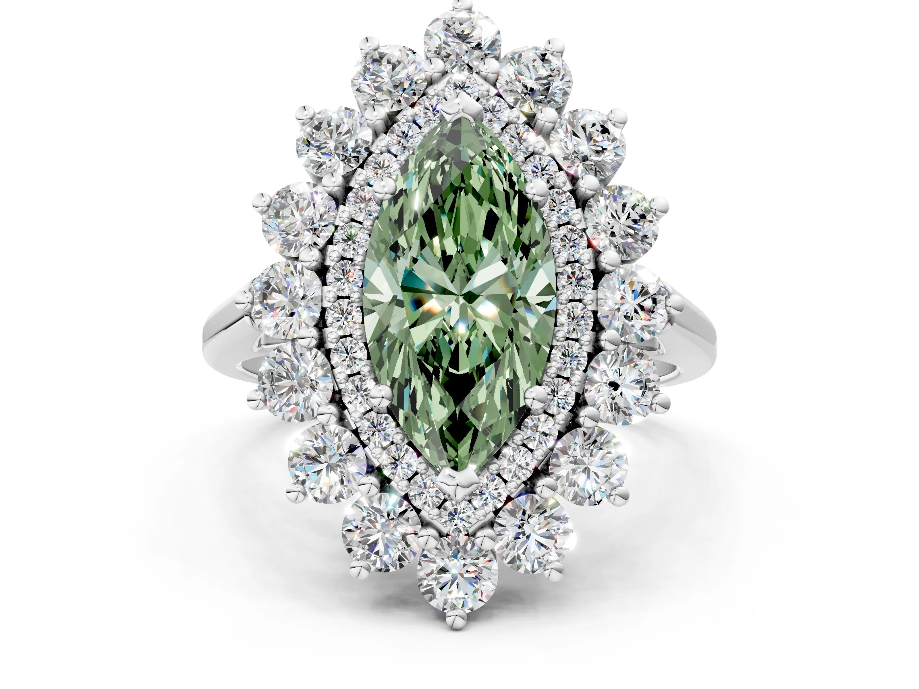 White gold Fancy Green Marquise Cut Halo Cluster Diamond Ring with Pave Band and Four-Prong Setting