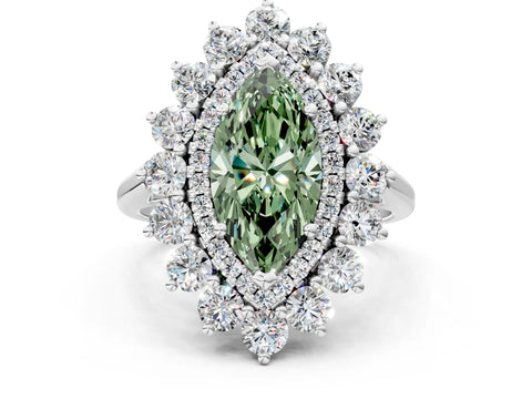 White gold Fancy Green Marquise Cut Halo Cluster Diamond Ring with Pave Band and Four-Prong Setting