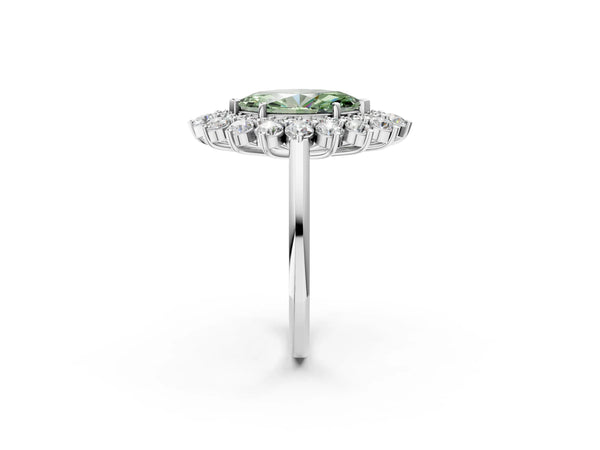 Platinum Fancy Green Marquise Cut Halo Cluster Diamond Ring with Pave Band and Four-Prong Setting