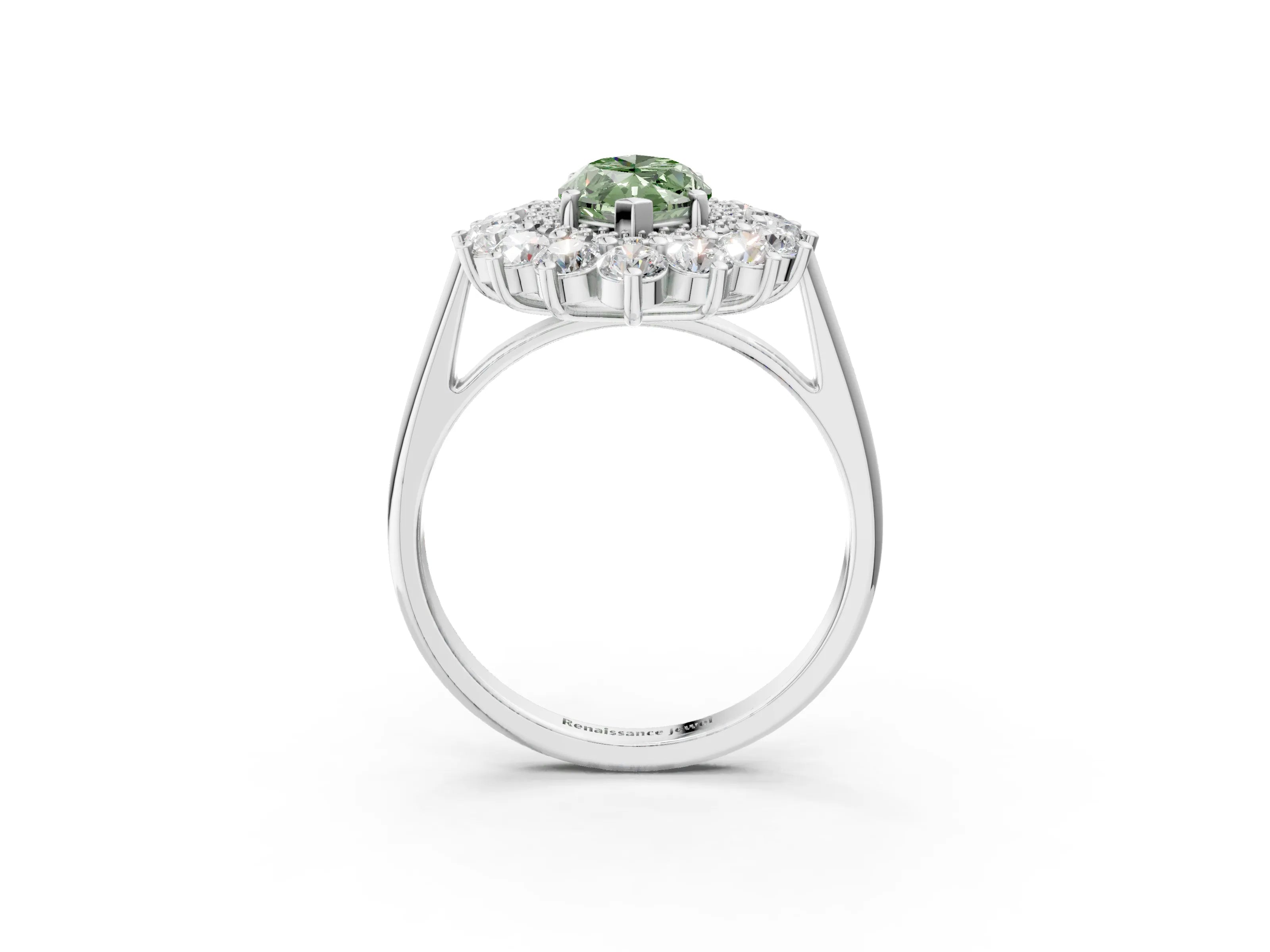 White gold Fancy Green Marquise Cut Halo Cluster Diamond Ring with Pave Band and Four-Prong Setting_3