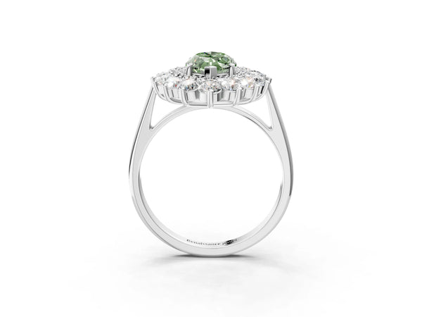 Platinum Fancy Green Marquise Cut Halo Cluster Diamond Ring with Pave Band and Four-Prong Setting