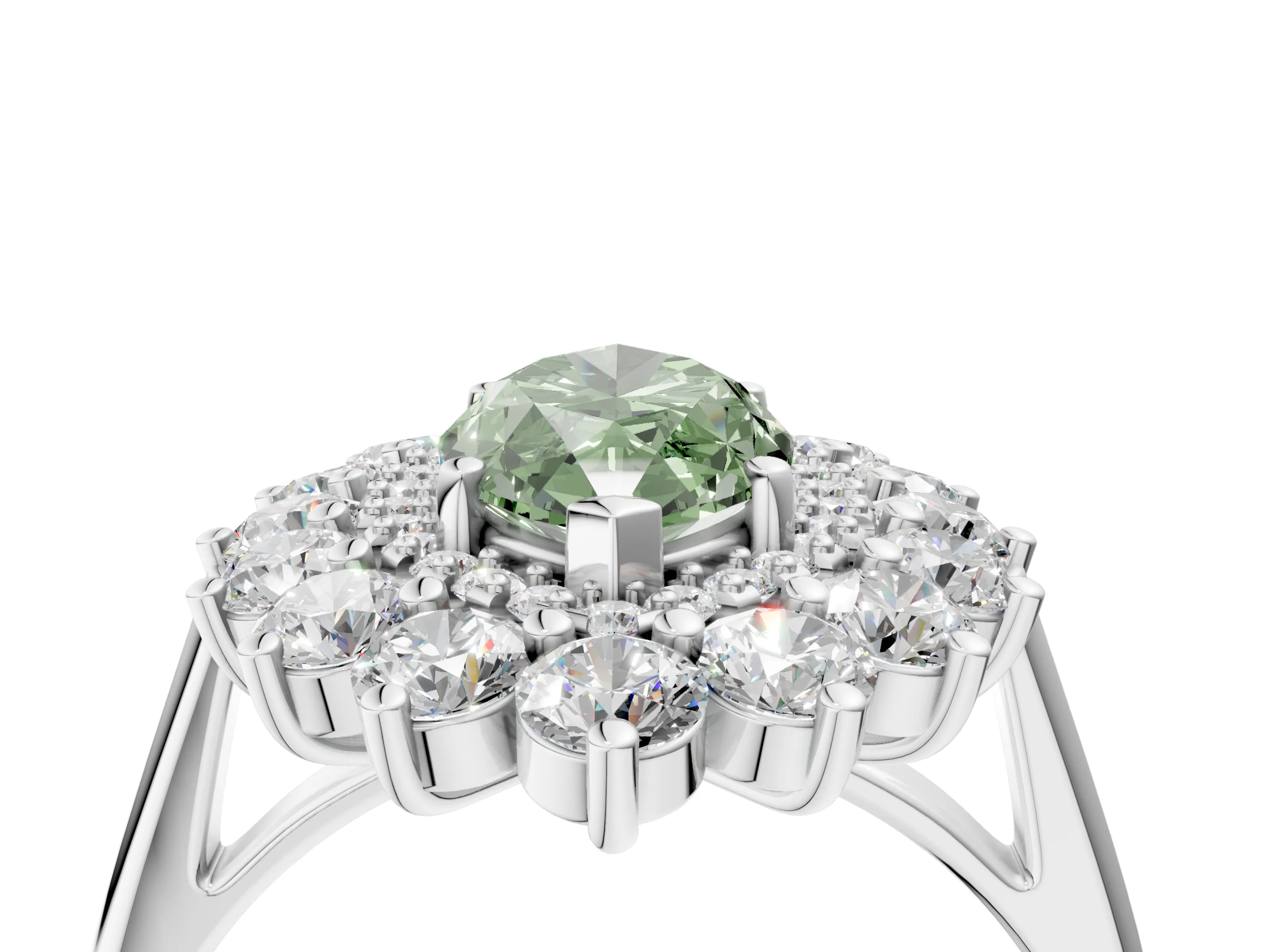 White gold Fancy Green Marquise Cut Halo Cluster Diamond Ring with Pave Band and Four-Prong Setting_4