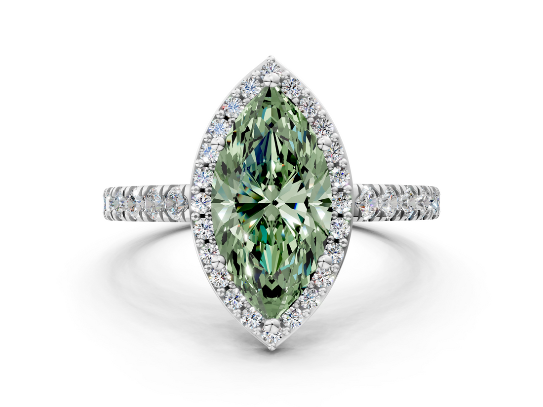 White gold Fancy Green Marquise  Cut Halo Diamond Engagement Ring with Pave Band and Four-Prong Setting_28