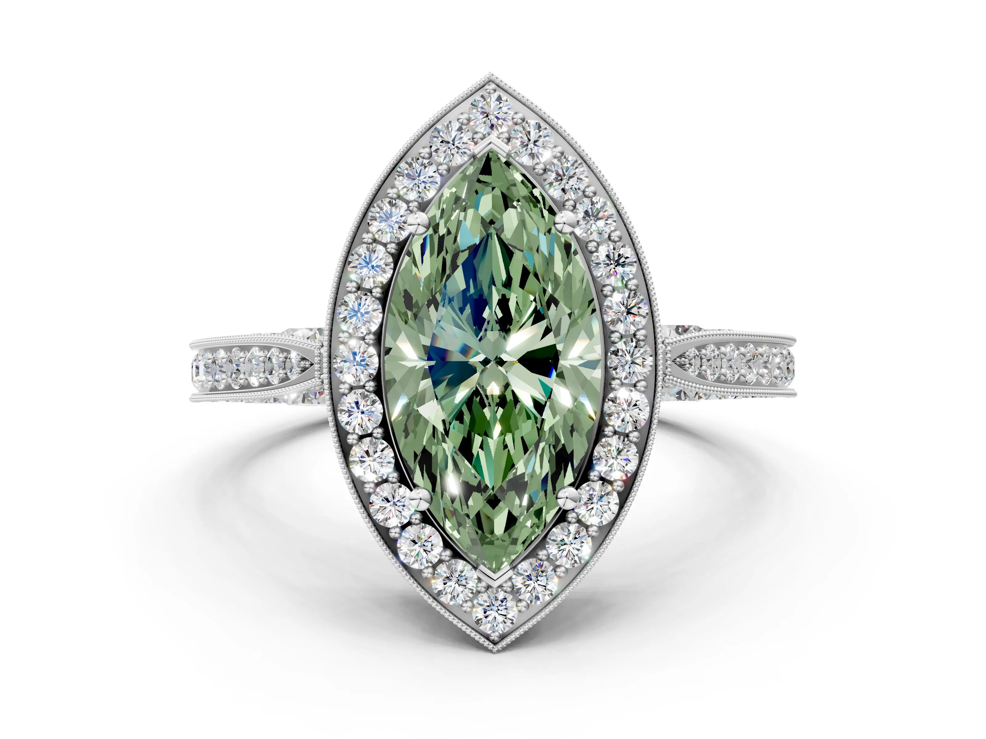 White gold Fancy Green Marquise Cut Halo Diamond Engagement Ring with Split Shank Band and Four-Prong Setting