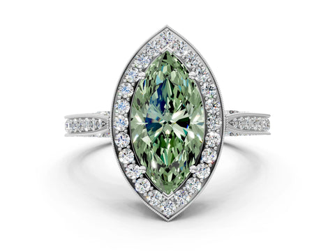 White gold Fancy Green Marquise Cut Halo Diamond Engagement Ring with Split Shank Band and Four-Prong Setting_12