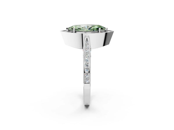 Platinum Fancy Green Marquise Cut Halo Diamond Engagement Ring with Split Shank Band and Four-Prong Setting