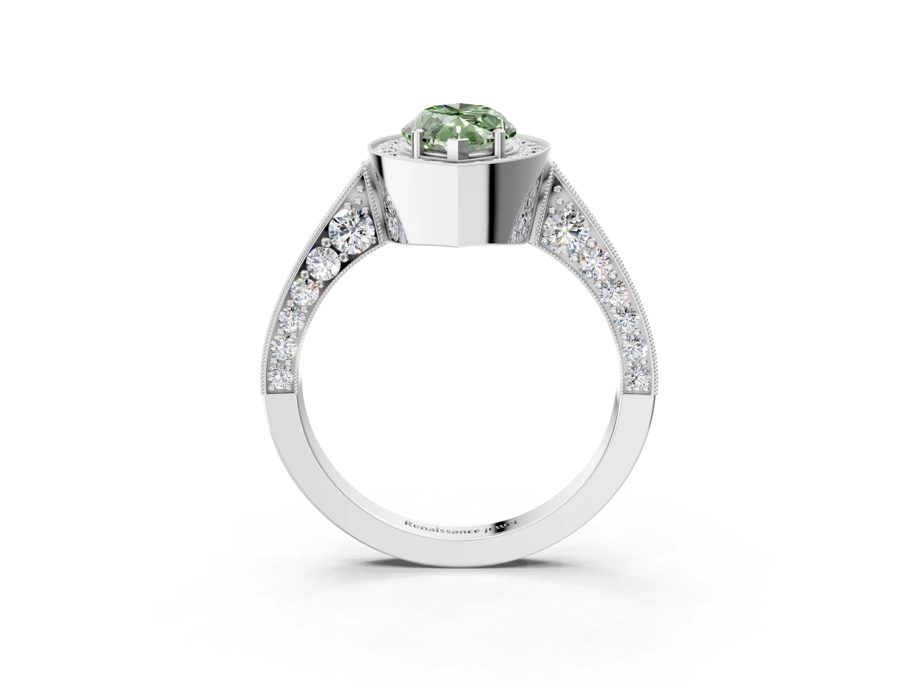 White gold Fancy Green Marquise Cut Halo Diamond Engagement Ring with Split Shank Band and Four-Prong Setting_15