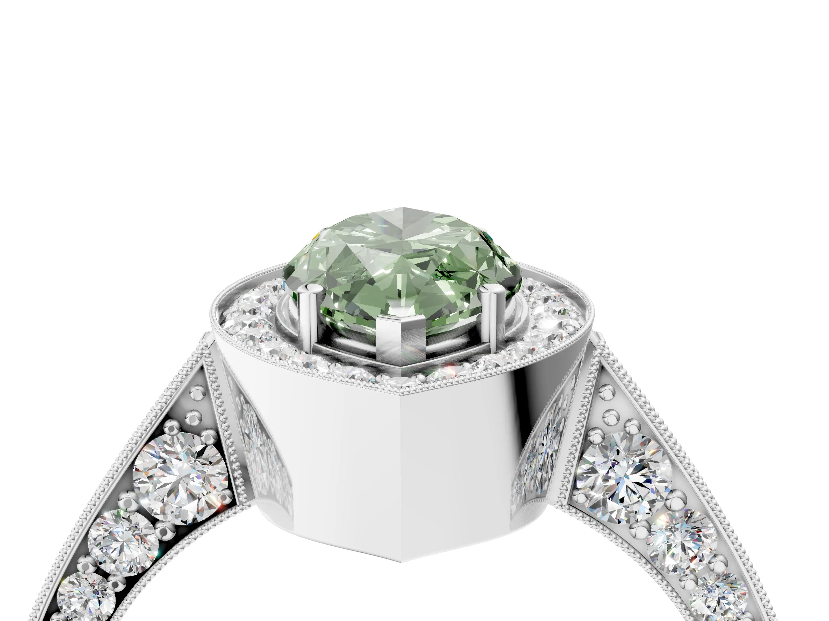 White gold Fancy Green Marquise Cut Halo Diamond Engagement Ring with Split Shank Band and Four-Prong Setting_16