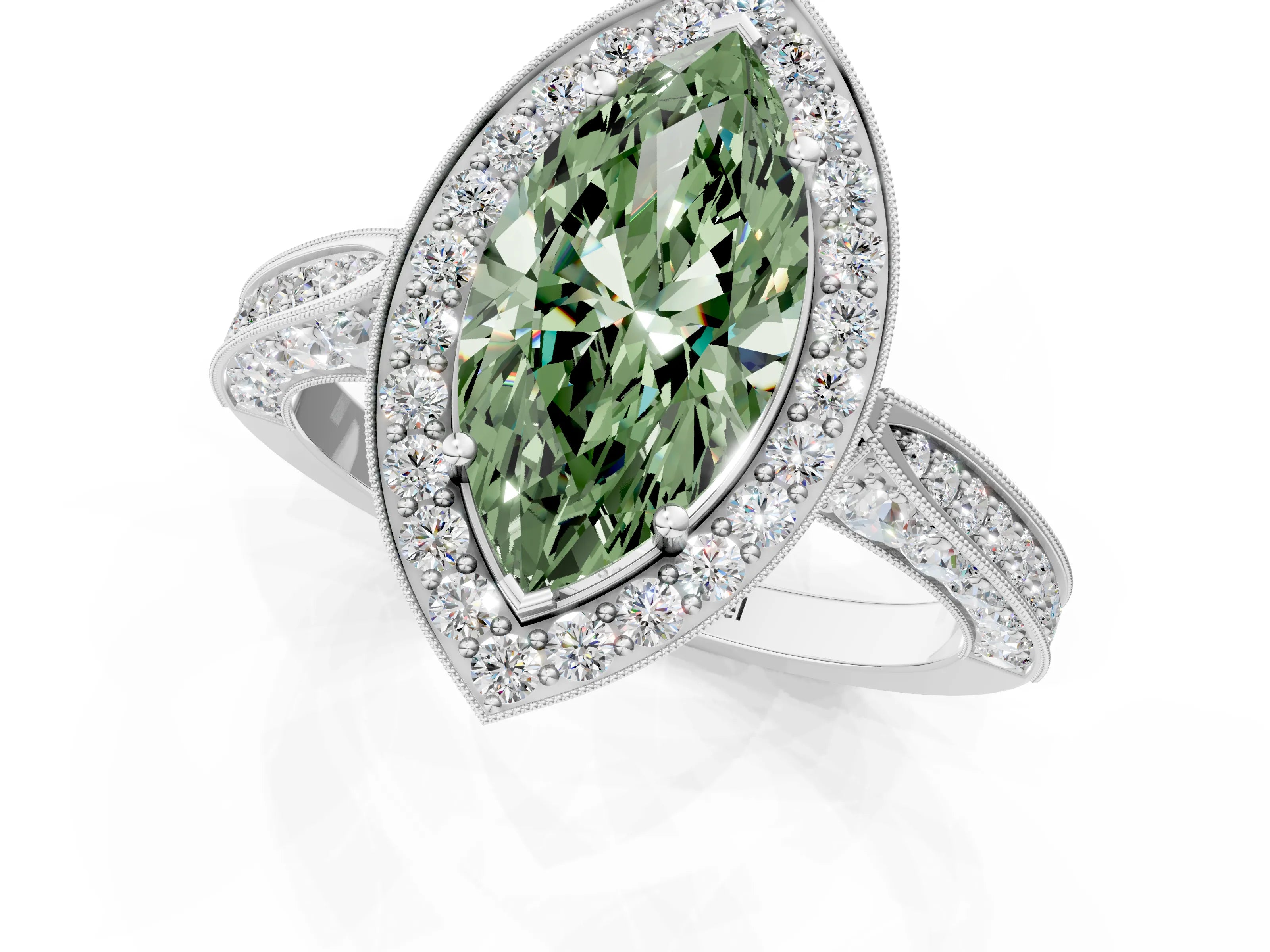 White gold Fancy Green Marquise Cut Halo Diamond Engagement Ring with Split Shank Band and Four-Prong Setting_1