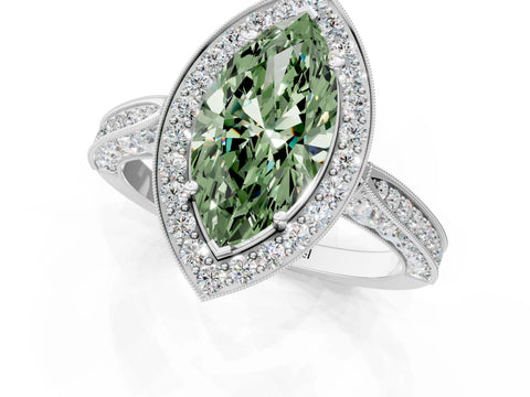 White gold Fancy Green Marquise Cut Halo Diamond Engagement Ring with Split Shank Band and Four-Prong Setting_1