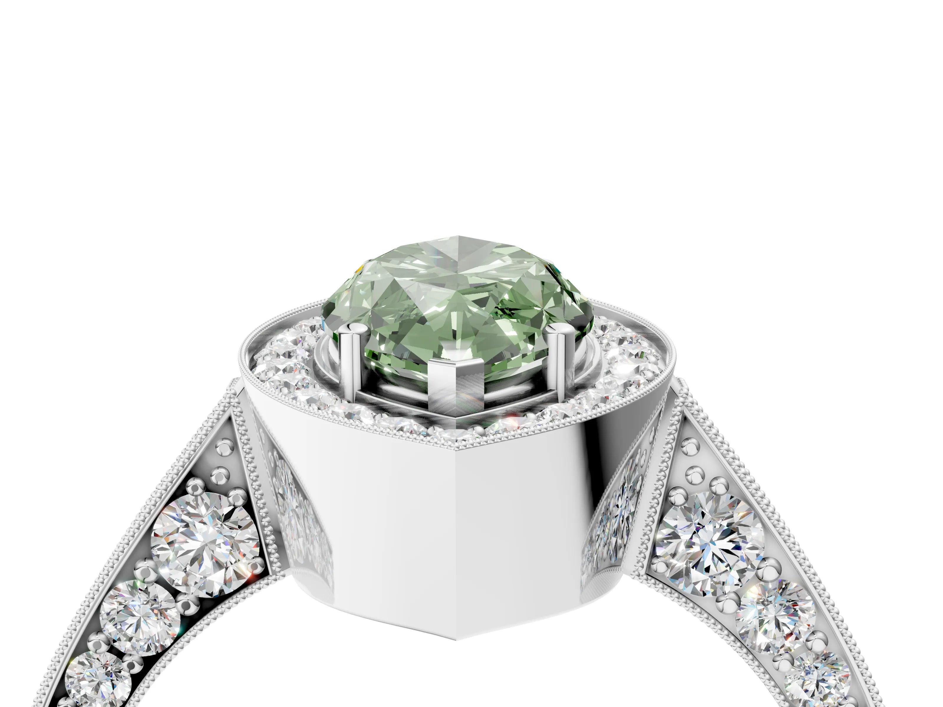 White gold Fancy Green Marquise Cut Halo Diamond Engagement Ring with Split Shank Band and Four-Prong Setting_4