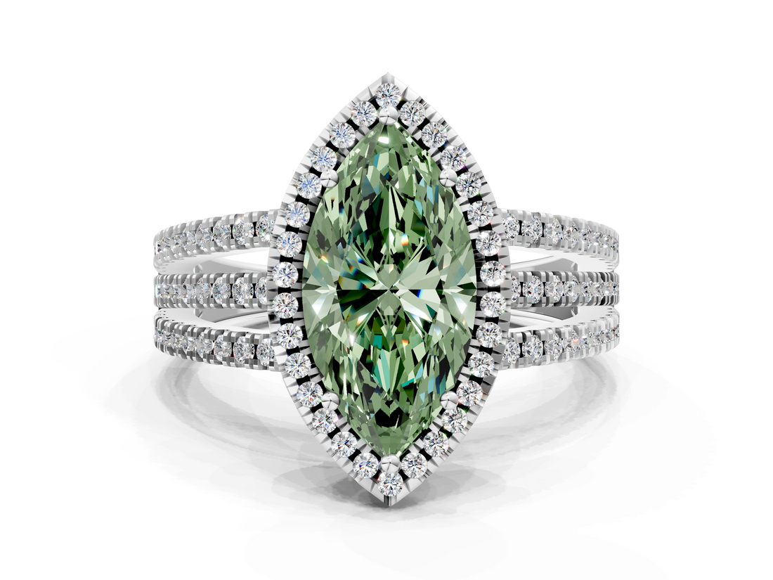 White gold Fancy Green Marquise  Cut Halo Diamond Engagement Ring with Split Shank and Four-Prong Setting_20