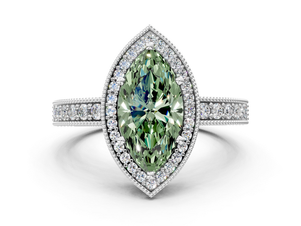 White gold Fancy Green Marquise  Cut Halo Diamond Pave Band Ring with Four-Prong Setting