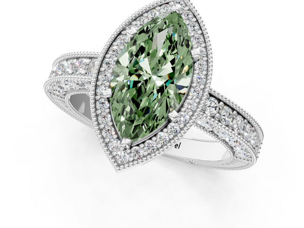 White gold Fancy Green Marquise  Cut Halo Diamond Pave Band Ring with Four-Prong Setting
