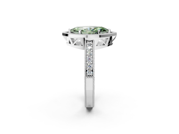 White gold Fancy Green Marquise  Cut Halo Diamond Pave Band Ring with Four-Prong Setting