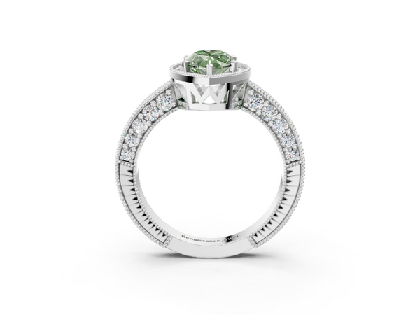 White gold Fancy Green Marquise  Cut Halo Diamond Pave Band Ring with Four-Prong Setting