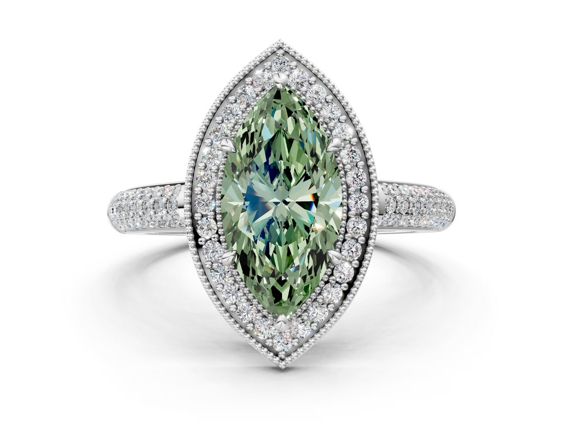 White gold Fancy Green Marquise  Cut Halo Diamond Pave Band with Four-Prong Setting_36